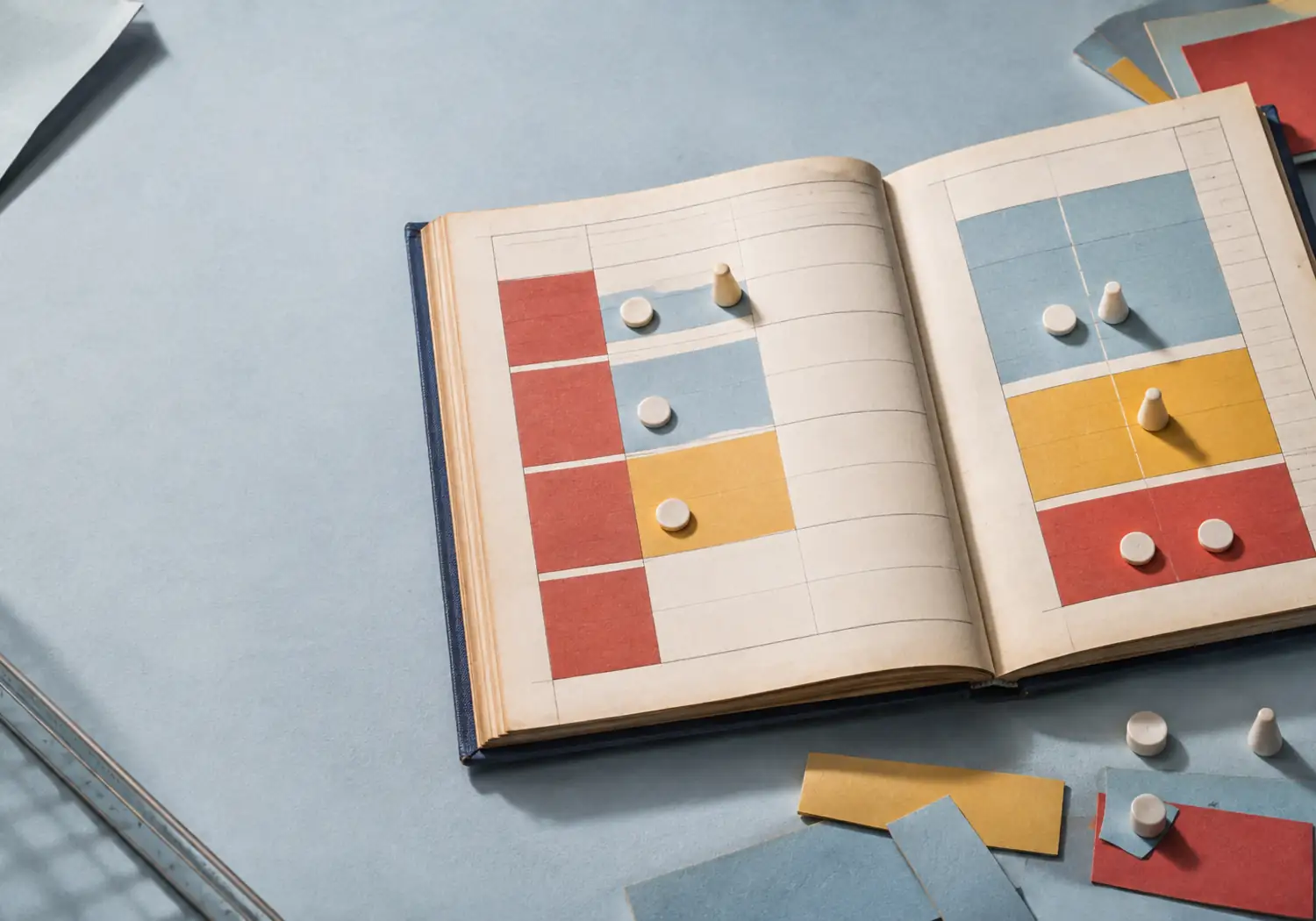 Libro abierto con una matriz de papeles de colores y fichas cerámicas sin cifras ni escritura